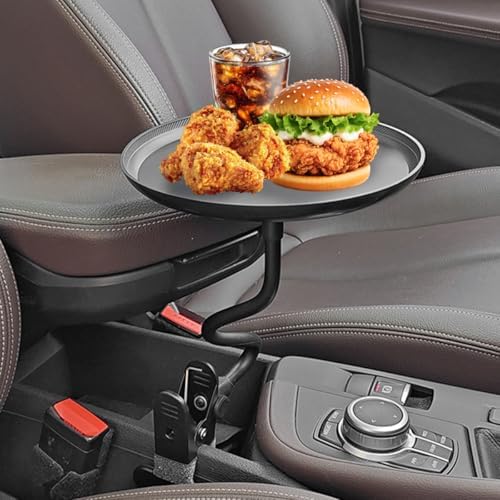 Car Adjustable Food Tray, 360 Degree Swivel Non-Slip Clip Type Vehicle Snack Drink Cup Eating Table, 8.7" Diameter Automotive Food Storage Dining Tray, Universal for Vehicles