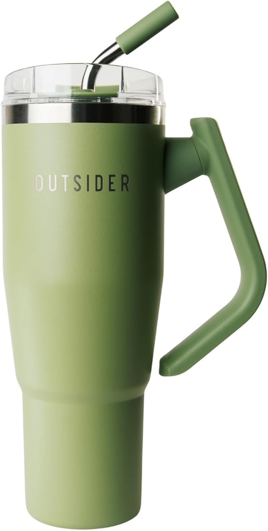 OUTSIDER The Everyday 40 oz Stainless Steel Vacuum Insulated Tumbler with Straw, Lid & 180° Swivel Handle for Easy Carrying – Leak Proof Tumbler for Home, Office, Gym, & Outdoors (Olive Green)