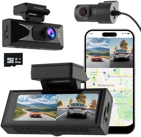 4K Dash Cam Front & Rear, WiFi Night Vision, Dual Channel, 24H, 64GB