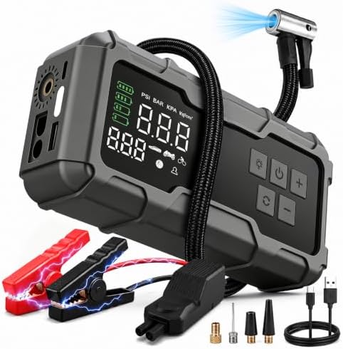 9000A Car Jump Starter with Air Compressor, Portable Battery Booster Pack Tire Inflator, Power Bank Cars Owner SUVs Trucks Road Trips Gift