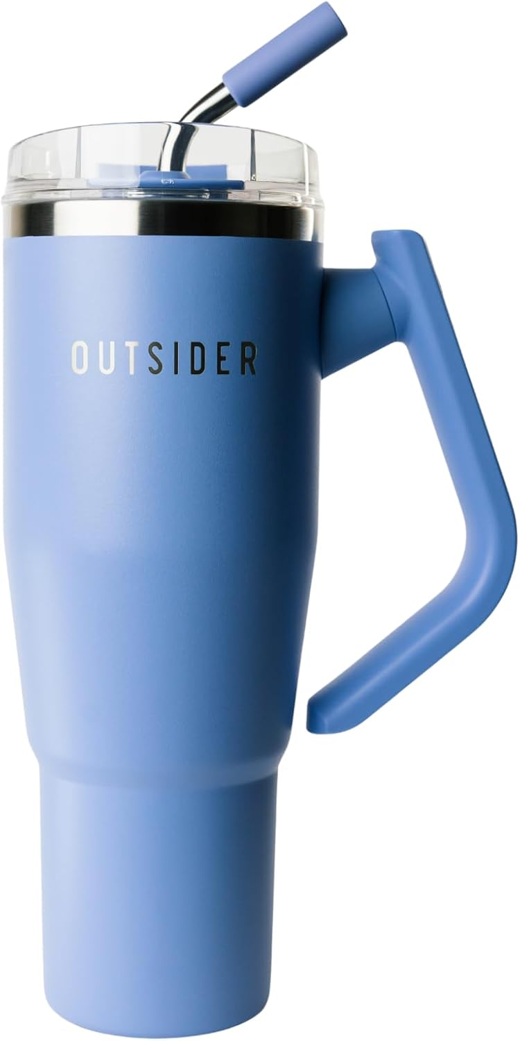 OUTSIDER The Everyday 40 oz Stainless Steel Vacuum Insulated Tumbler with Straw, Lid & 180° Swivel Handle for Easy Carrying – Leak Proof Tumbler for Home, Office, Gym, & Outdoors (Cornflower Blue)