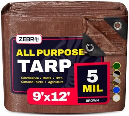 9' x 12' Brown Tarp with Grommets Reinforced - 5 Mil Thick - Durable UV Resistant Plastic Tarps Waterproof - Large Tarpaulin Cover for Outdoor Camping Over/Under Tent Tarp RV Roof Rain - Zebro