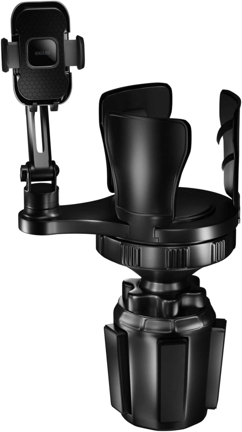 EXELIQ Cup Holder Expander with Phone Mount for Car, 2-in-1 Adjustable Cup Holder Fits Large Bottles, Tumblers & Fast Food Drinks, Universal Phone Mount 360° Rotating Arm for 4.7–7" Phones