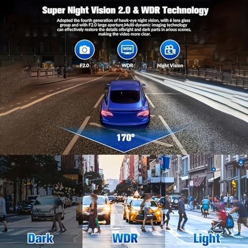 4K Dash Cam Front Rear, Full HD 3 Channel Dashcam, 5.8GHz WiFi Dash Camera 2" IPS, 170°Wide Angle, 24H Parking Mode