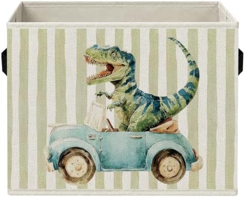 Dinosaur Car Boy Nursery Storage Bins with Handles | Dinosaur Racing Car Green Striped Foldable Collapsible Storage Basket Organizer for Kids Room Bedroom Bathroom Books Clothes