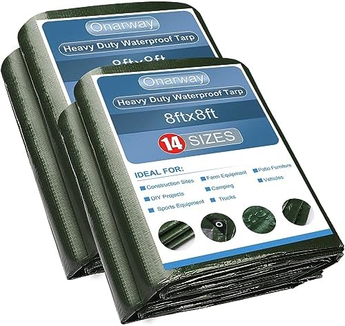 Onarway Poly Tarps Waterproof for Outdoor: Green Tarpaulin 6Mil Thicken 8x8 Ft 2Packs- Anti-UV Waterproof Tarp Cover with Grommets Multipurpose for Boat Pool Roof Camping