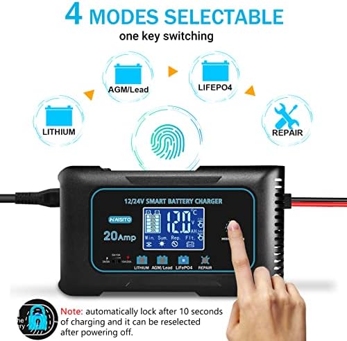 Haisito 20-Amp Smart Battery Charger (Lithium LiFePO4 & Lead-Acid), 12V/24V Rapid Automotive Car Charger with Temperature Compensation - Trickle Maintainer for Boat, Truck, RV, Lawn Mower, Marine