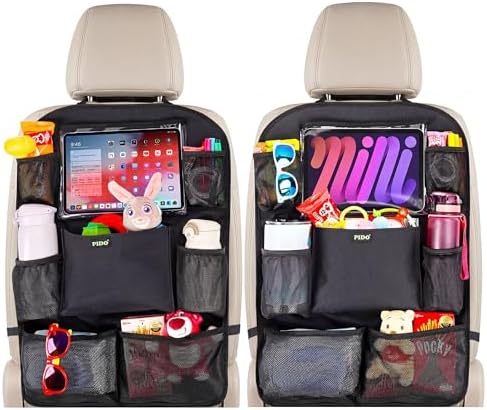 PIDO Backseat Car Organizer, 2 Pack Car Seat Organizer for Kids with Touch Screen Tablet Holder and 8 Pockets, Automotive Seat Back Kick Mat Made with Heavy Duty Fabric, Road Trip Essentials, Black