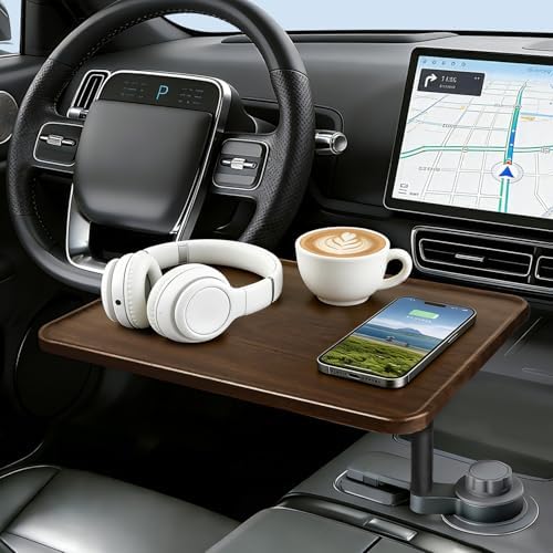 Car Desk for Laptop, 360° Rotation Cup Holder Table, Car Table & Car Food Tray for Tesla Model Y/3, F-150/Ram 1500/GMC Sierra 1500 & Most Vehicles, Car Accessories for Women & Men(Long Pole)
