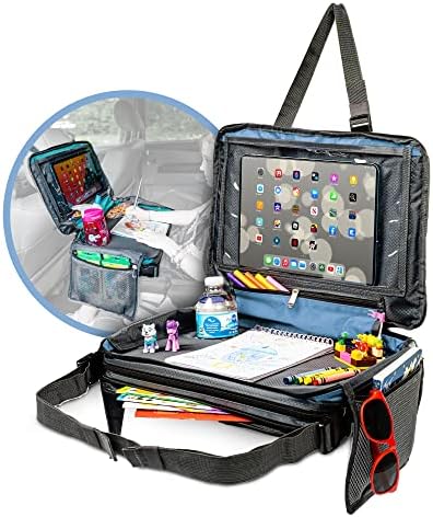 BE Family Travel Kids Car Seat Travel Organizer, Car Accessories for Children, Car Seat Snack Tray, Traveling Essentials for Kids, Toddler Lap Tray for Engaging Activities, Multipurpose Design, Blue