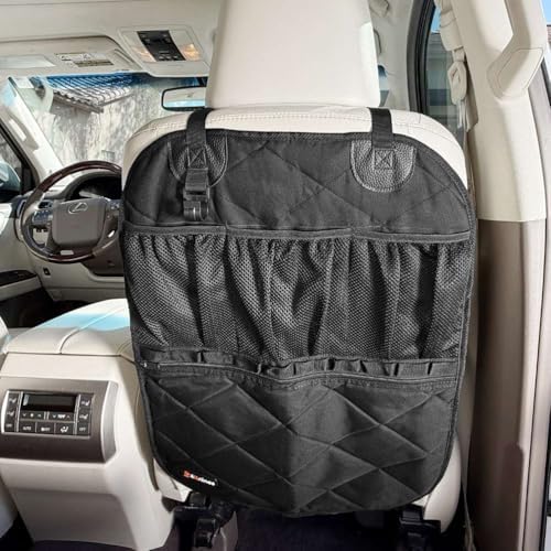 4Knines Car Seat Back Organizer – Heavy-Duty Kick Mat, Mesh Pockets, Black