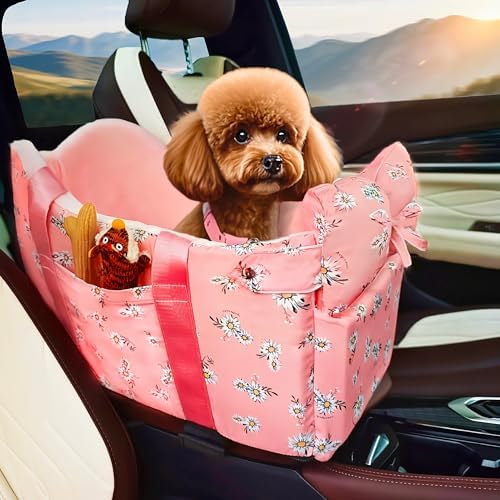 Console Dog Car Seat - Portable Dogs Armrest Booster Seat for Small Dog, Anti-Collapse Pet Car Seat with Soft Cushion Safety Belt, Support Pet Up to 11lbs (Pink Daisy)