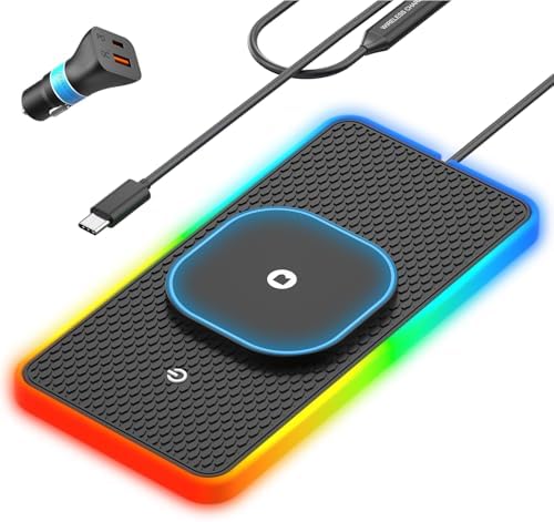 RGB Wireless Car Charging Pad for Magsafe, REESTECQI 15W LED Magnetic Wireless Charger for Car Non Slip Type C Charging Mat with 40W Car Charger Compatible with iPhone Duo, 18-12, Airpods (30CM)