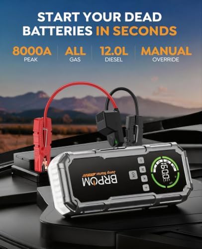 Jump Starter with Air Compressor, BRPOM 8000A Portable Car Jump Starter (All Petrol/12L Diesel), 160PSI 12V Battery Jump Starter Power Pack with Jump Clamps, LCD Screen, 600 Lumens Emergency Light