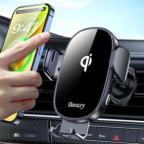 Beeasy Wireless Car Charger, 15W Fast Car Mount Charger 360° Rotation Automatic Clamping&One-Touch Release Car Vent Phone Mount Compatible with iPhone12-17, Samsung, Android Smartphones