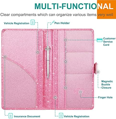 RSAquar Car Registration & Insurance Holder - Leather Glove Box Organizer, Cool Accessories for ID, Driver's License Cards & Docs, Men & Women, Pink Glitter