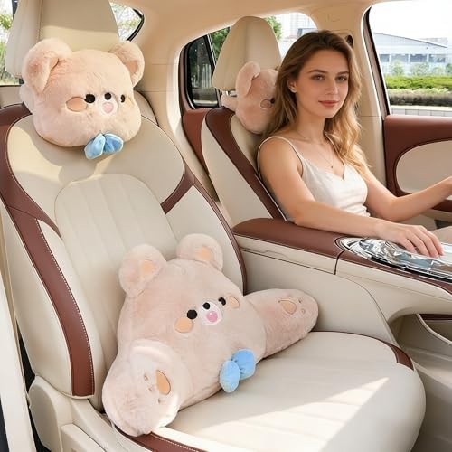 Cute Plush Bear Car Headrest & Lumbar Support Set, Soft Neck & Back Support Pillow for Comfortable Driving All Season(Set of 2)