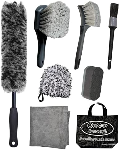 oesee 8PCS Pro Wheel Cleaning Kit - Synthetic Wool Brushes, Detailing Brush, Tire Brush, Wash Mitt, Drying Towel & Carry on Bag - Scratch-Free Rim Cleaning Kit