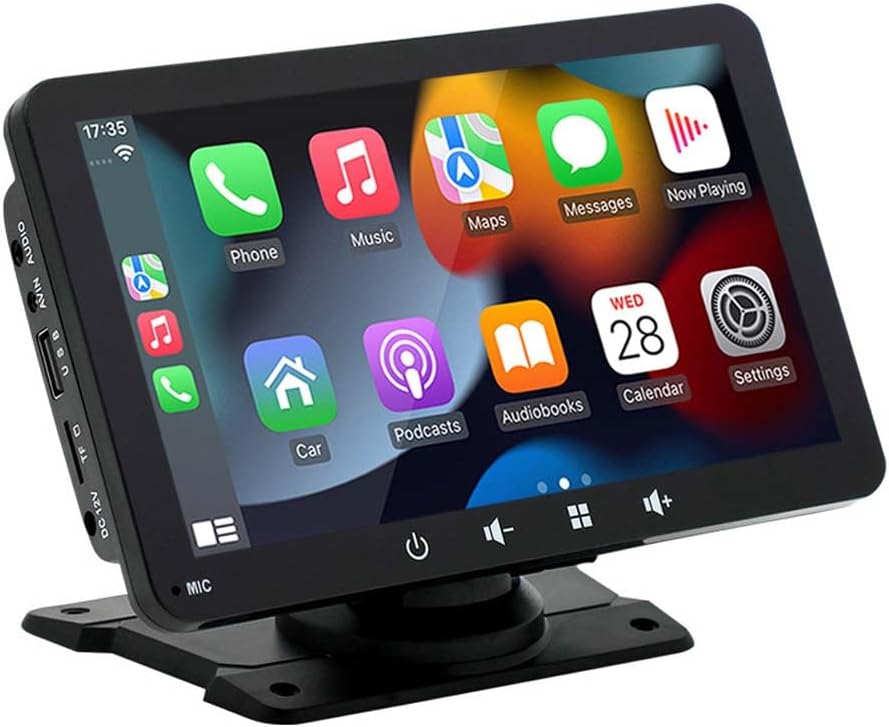7-inch Wireless CarPlay Screen – Supports Apple CarPlay/Android Auto in-car Touchscreen with Bluetooth Hands-Free AUX FM Transmitter USB and TF Card Slots Plug-and-Play for saloons Lorries and SUVs