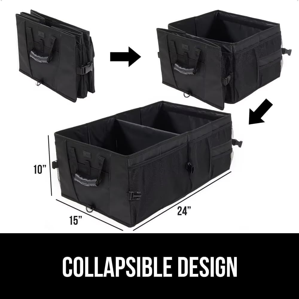 Heavy-Duty Car Trunk Organizer with Built-In Insulated Cooler – Large Collapsible SUV Cargo Storage Bin, Rigid Plastic Walls (Won't Sag), Non-Slip Straps, Black
