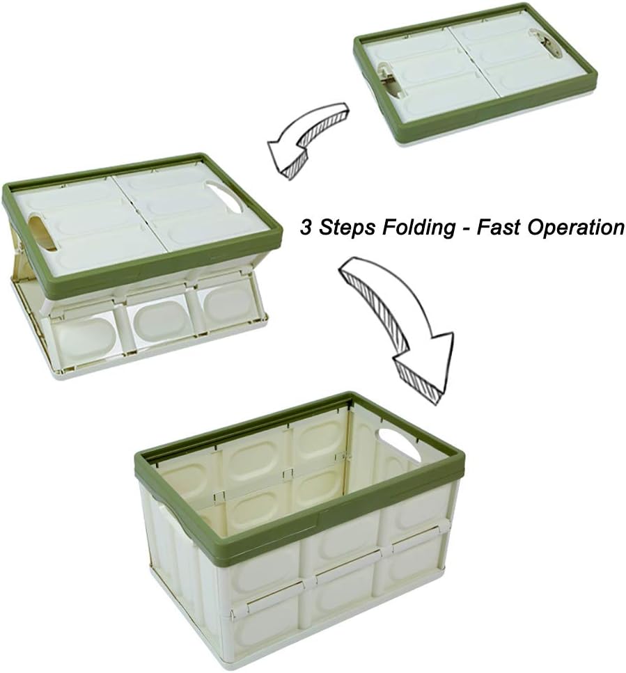 Lidded Storage Bins 2 Pack 30L Collapsible Storage Box Crates Plastic Tote Storage Box Container Stackable Folding Utility Crates for Clothes Books Snack Shoe Bag and Grocery Storage Bin-Green