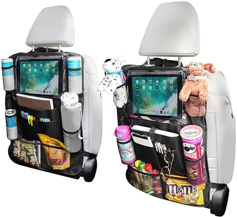 Car Seat Organizer With Touch Screen Tablet Holder And Multiple Pockets Waterproof Car Accessories Heavy Duty Oxford Fabric Backseat Car Organizer Protectors Kick Mats for Kids Toddlers - 2 Packs