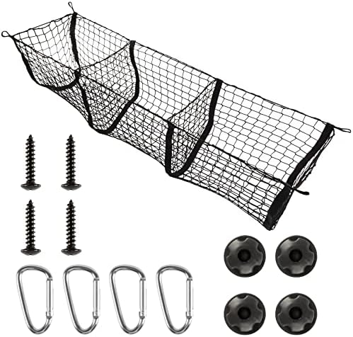 Amiss Heavy Duty Mesh Cargo Net, 3 Pocket Trunk Bed Storage Organizer Compatible for SUV, Car, Pickup Truck Bed, Etc.with 4 Metal Hooks (11.8×11.8×47.3 Inch), Black