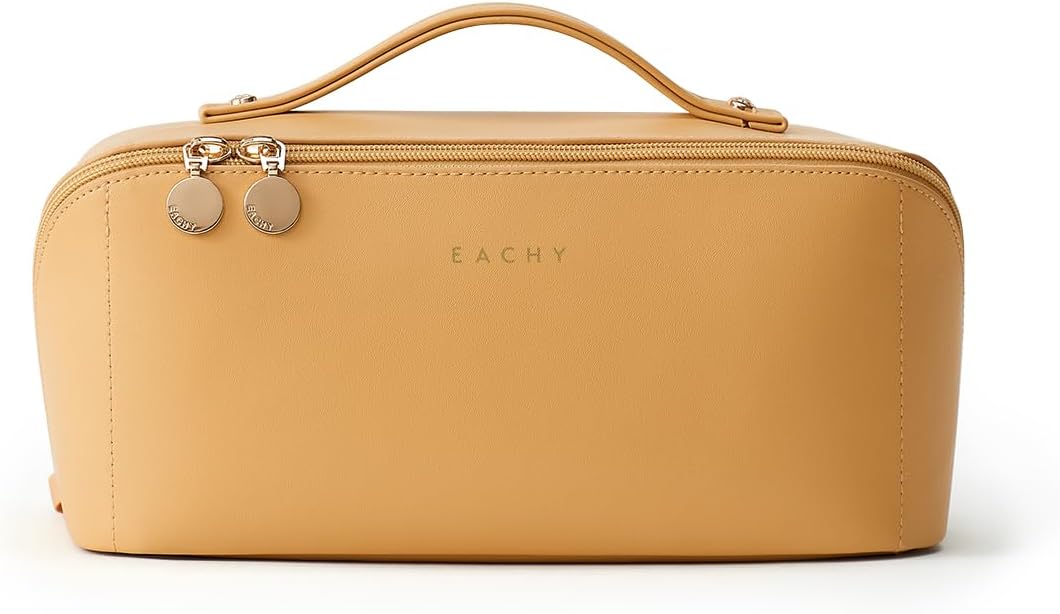 EACHY Travel Makeup Bag for Women, Flat Open Cosmetic Bag, Yellow, Large