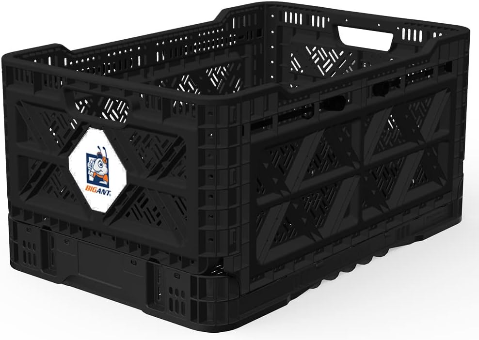 Bigant Heavy Duty Collapsible & Stackable Plastic Milk Crate - Snap Lock Foldable Industrial Garage Storage Bin Container Utility Tote Basket (Black, 1 Medium Crate)