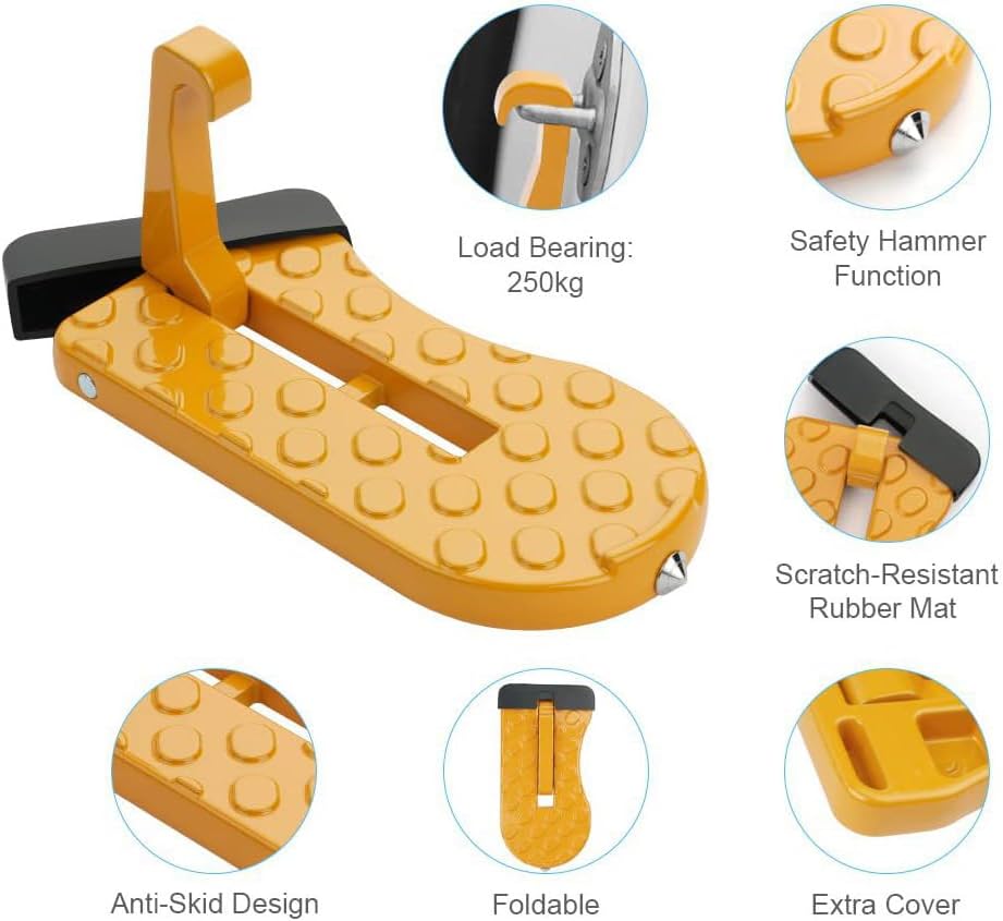 Car Door Step for Easy Roof Access -Multi-Foldable Aluminum Alloy Car Step Hook for Most Cars, SUVs, Trucks - with Glass Breaker - Roof Rack Accessories(Long Style Golden 1 Pack)