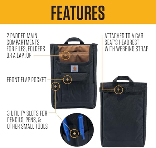 Carhartt Front Seat Car Organizer, Passenger Seat Storage & Organization for Books, Files, Folders, Laptop & More, Black