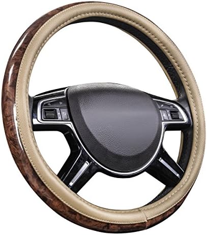 CAR PASS Wood Grain 14.5-15 inch Microfiber Leather Steering Wheel Cover, Anti-Slip Veins Design Steering Wheel Universal Fit for Most Cars, Sedans, SUV， Beige