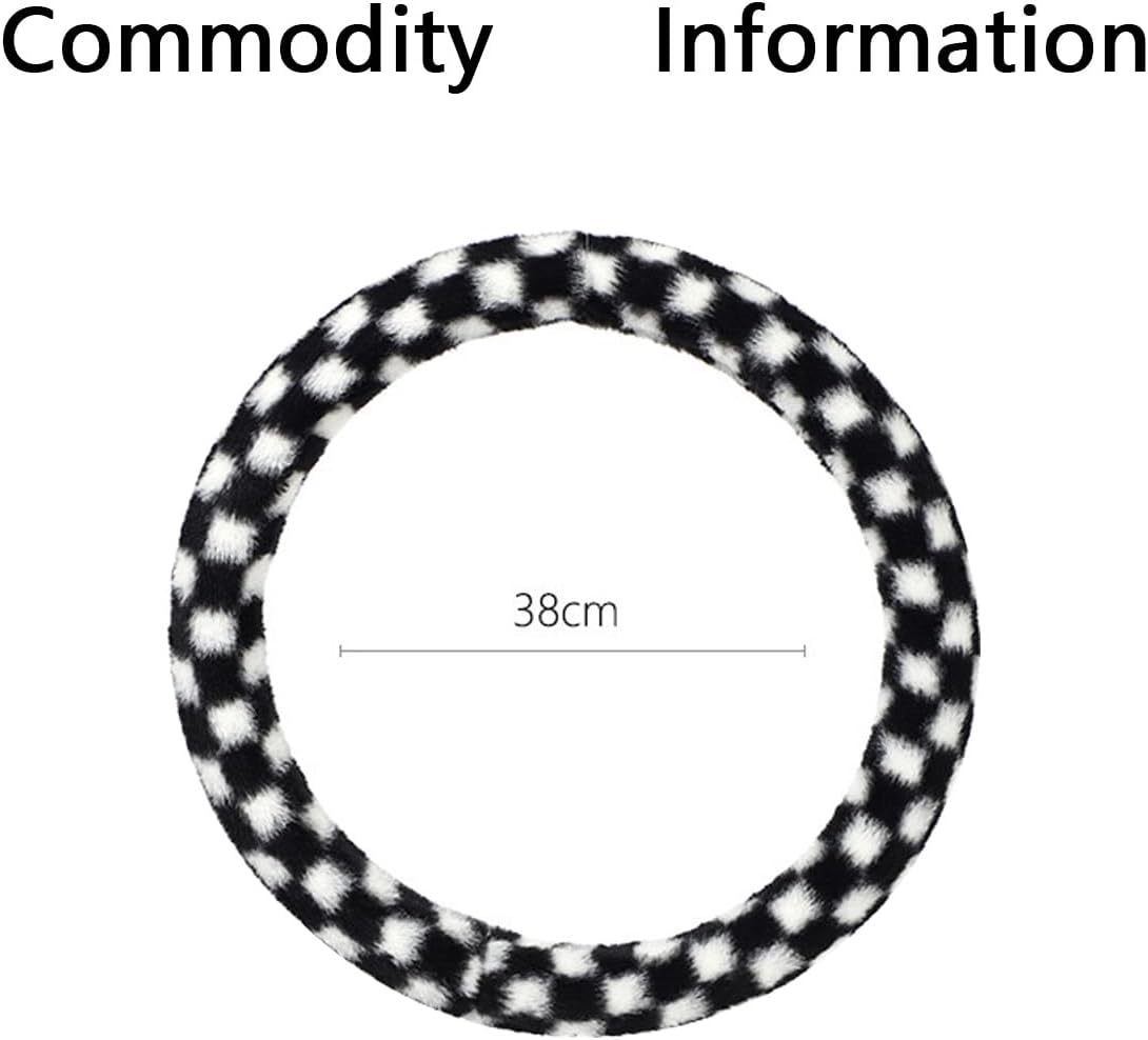 Black and White Checkered Fuzzy Steering Wheel Cover for Women, Universal Auto Steering Wheel 14-15 Inch Soft Warm Car Interior Accessories with 2PCS Car Coasters, Suitable for Men and Women