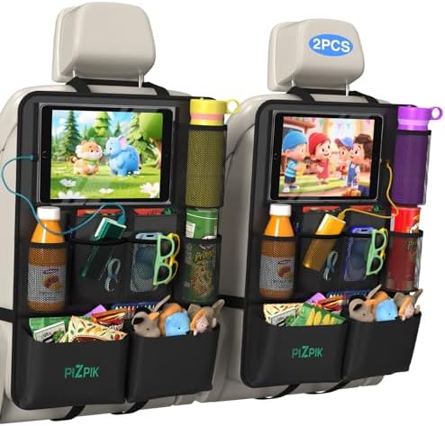 Plzpik Car Backseat Organizer with Tablet Holder,11 Storage Pockets with Foldable Food Tray, Protector Kick Mats for Kids, Travel Accessories Organizer (Black, 2-Pack)