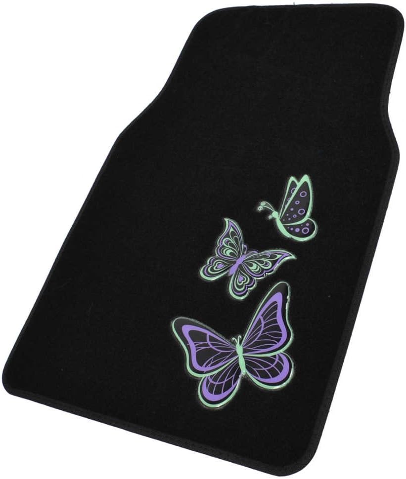BDK Embossed Neon Purple & Green Butterflies Design Carpet Car Floor Mats for Auto Van Truck SUV-4 Pieces Front & Rear Full Set with Rubber Backing-Universal Fit