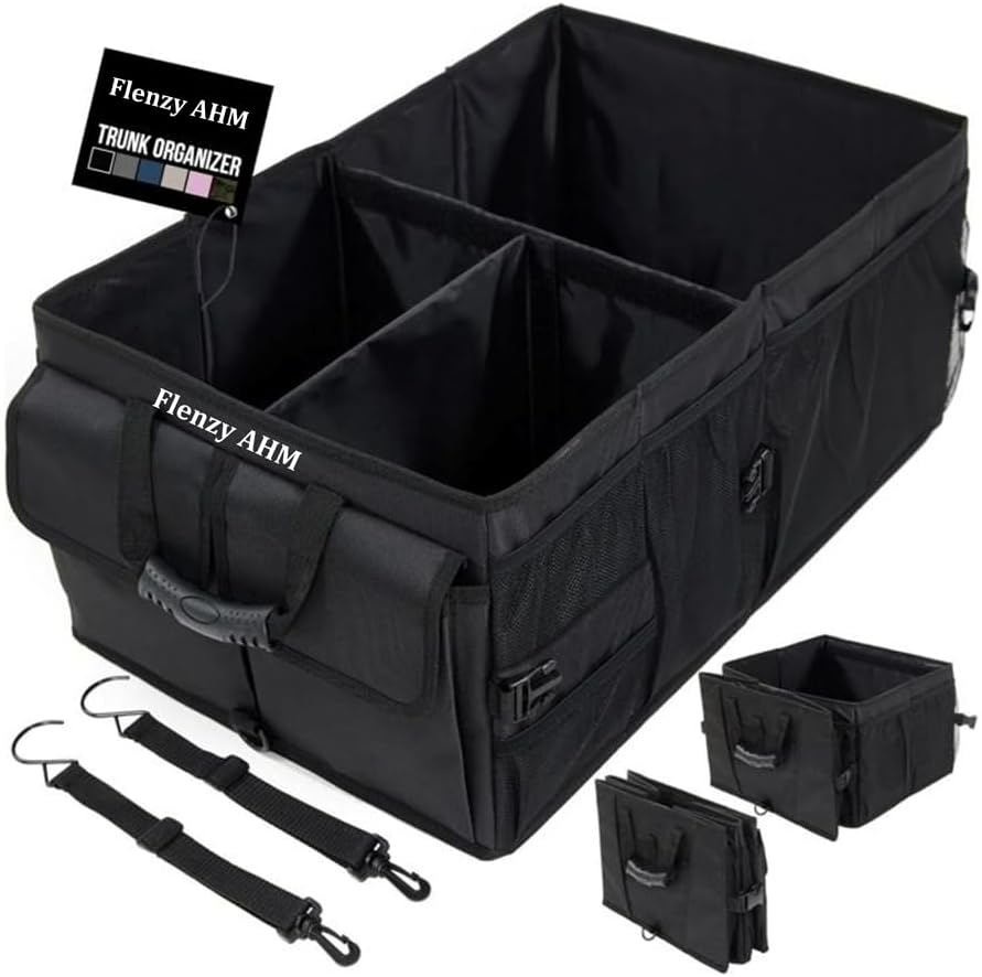 Heavy-Duty Car Trunk Organizer with Built-In Insulated Cooler – Large Collapsible SUV Cargo Storage Bin, Rigid Plastic Walls (Won't Sag), Non-Slip Straps, Black