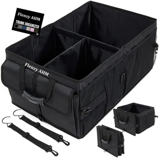 Heavy-Duty Car Trunk Organizer with Built-In Insulated Cooler – Large Collapsible SUV Cargo Storage Bin, Rigid Plastic Walls (Won't Sag), Non-Slip Straps, Black
