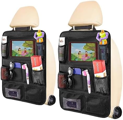 Car Backseat Organizer with 10" Tablet Holder, Seat Back Protectors Kick Mats for Kids Toddlers, Large Storage Pockets Travel Accessories for SUV Minivan Airplan 2 Pack