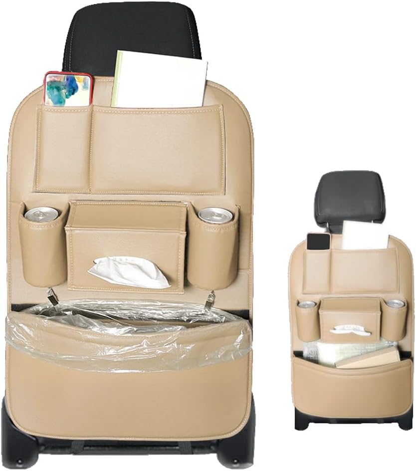 1PCS Car Backseat Organizer Seat Back Protectors Kick Mats, PU Leather Car Storage Organizer Hanging Bag with Car Tissue Holder Kids Toys Storage Car Accessories (Brown)