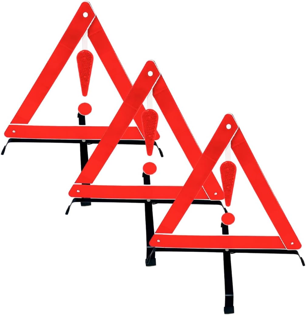 3 Piece Reflective Road Safety Triangle with Warning Exclamation Point | High Visibility and Durable Construction || Foldable and Comes with Case