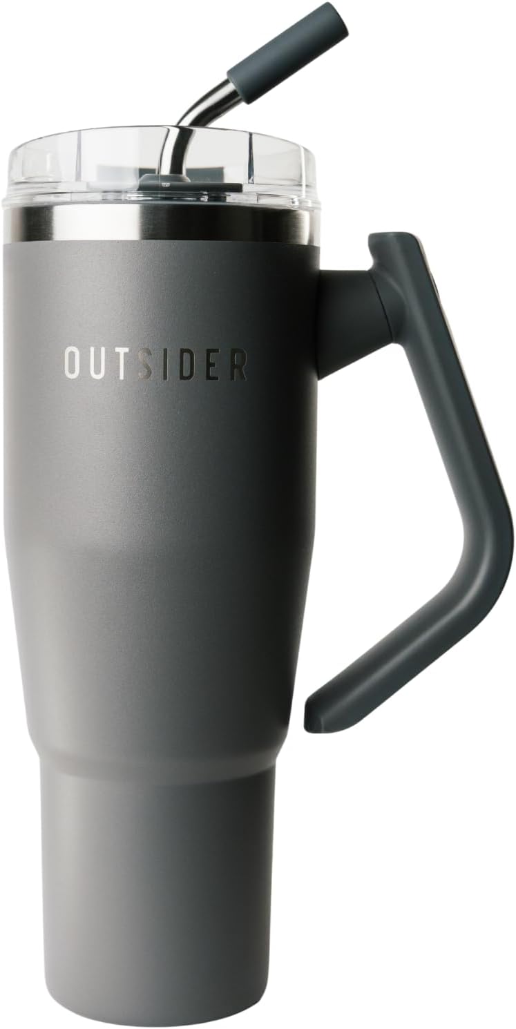 OUTSIDER The Everyday 40 oz Stainless Steel Vacuum Insulated Tumbler with Straw, Lid & 180° Swivel Handle for Easy Carrying – Leak Proof Tumbler for Home, Office, Gym, & Outdoors (Charcoal)