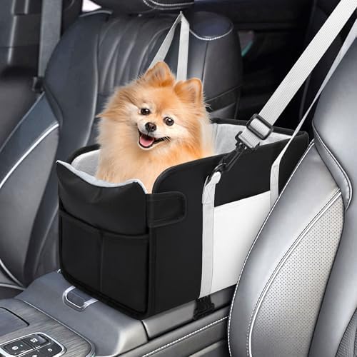 Portable Dog Car Seat for Small Dogs - Pet Booster Seat with Safety Leash, Adjustable Straps, Washable Cushion & Storage Pocket - Center Console Puppy Car Seat for Travel - Black