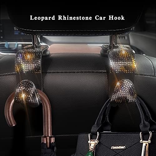 4 Pcs Bling Car Seat Hooks for Purses and Bags, Leopard Print Headrest Hooks with Bling Car Accessories