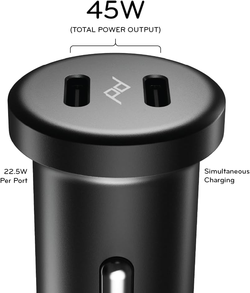 Peak Design Premium Dual USB-C Car Charger - 45W Total Output, Compact Metal Car Adapter, Fast Charging Compatible with iPhone, Android, Tablets & More - Low Profile Aluminum Build