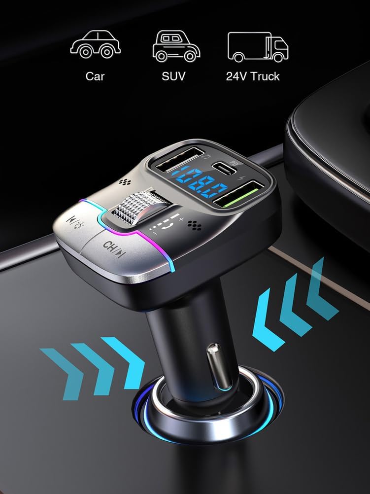 Bluetooth 5.3 FM Transmitter Car Adapter, Wireless Radio Music Adapter LED Display Hands-Free Calling Support USB Drive, PD & QC3.0 USB Charger