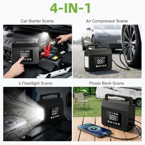 Portable Car Battery Jump Starter with Air Compressor, 4-in-1 Jump Box
