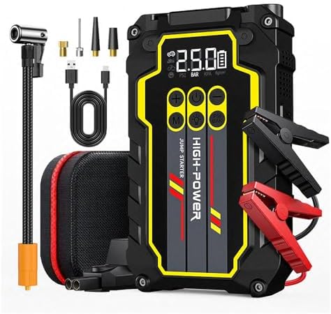 Jump Starter 4000A 12V Car Battery Booster Pack (Up to 7.0L Gas, 5.5L Diesel), Portable Power Bank with Air Compressor, 400LM LED Flashlight, SOS for Truck, SUV, Vehicles