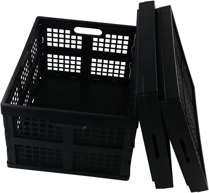 Morcte 34 L Plastic Rectangular Collapsible Crates, Pack for 3, Black | Folding Crates Storage, Space Saving, Stackable, Sturdy Build, Ideal For Groceries, Tools & Household Items