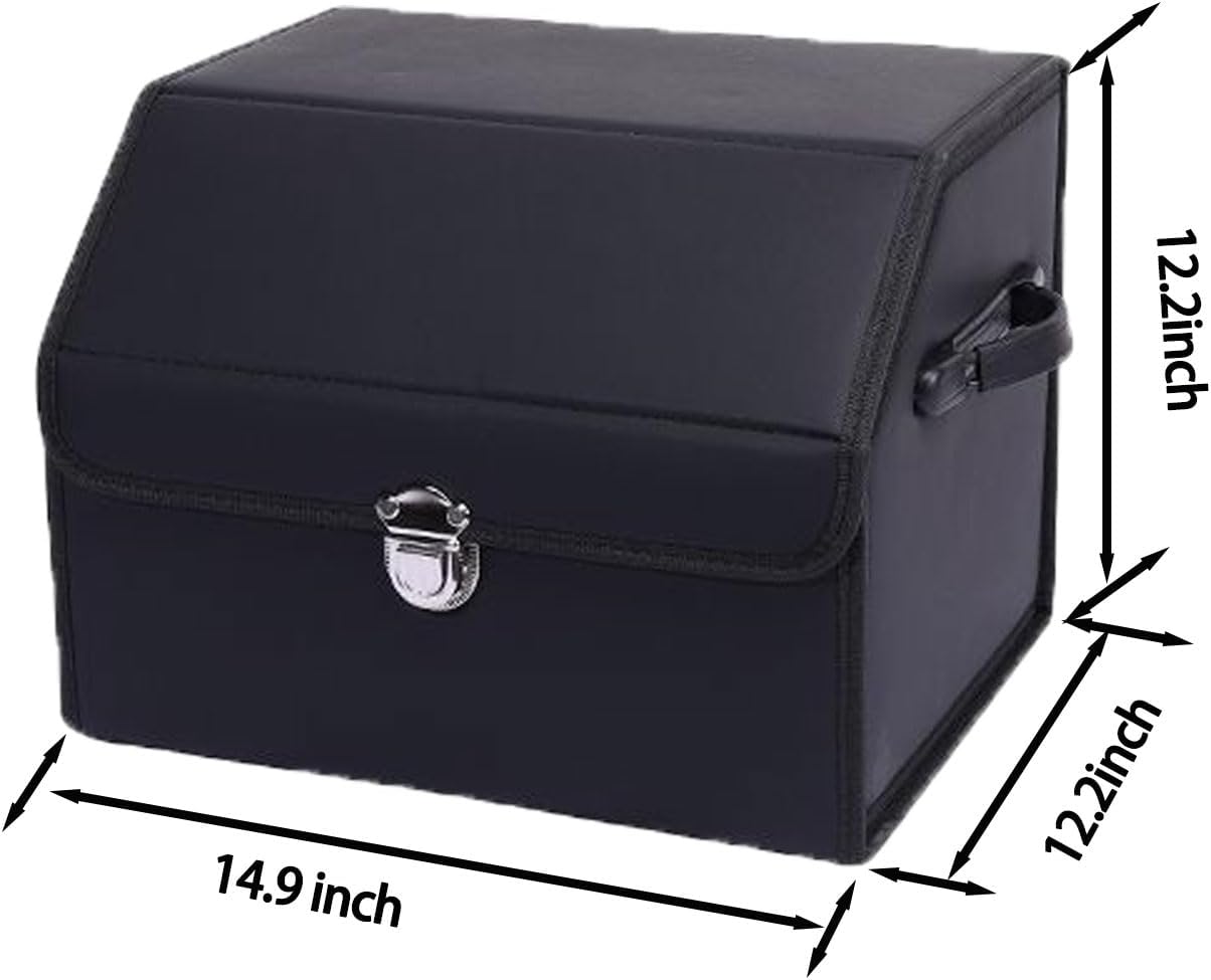 Leather Storage Box Car Trunk Organizer for Trunk SUV Sedan, Leather Foldable Storage Box with Lid (Black 14.9" L*12.2" W*11.8" H)