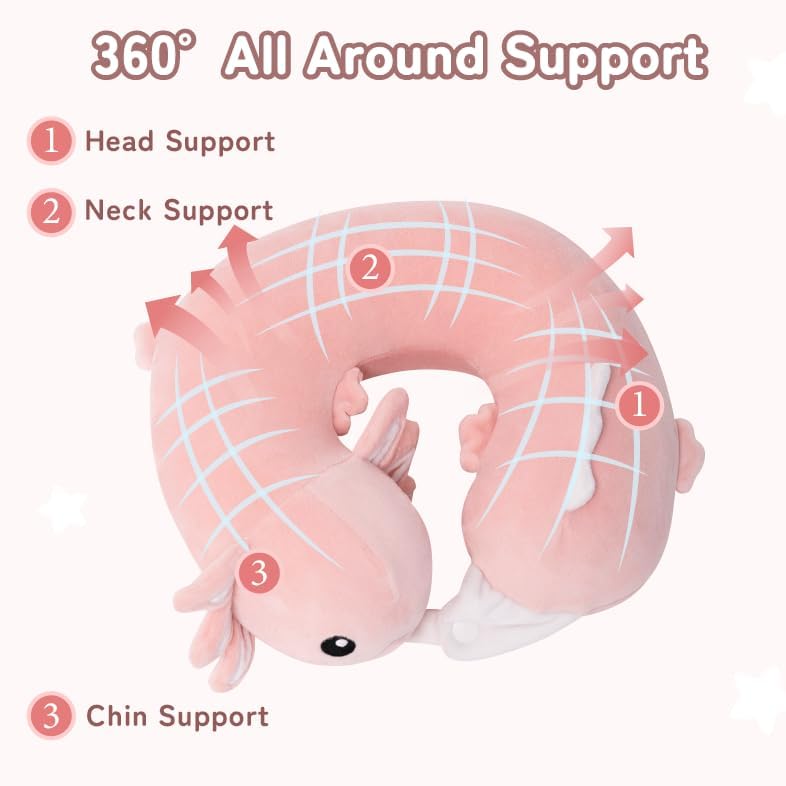 Niuniu Daddy Pink Axolotl Kids Travel Neck Pillow (3-8 Y/O), Memory Foam Toddler Pillows for Head &amp; Chin Support, Cute Sleeping Essentials for Car Seat, Airplane, Stroller and Long Road Trip